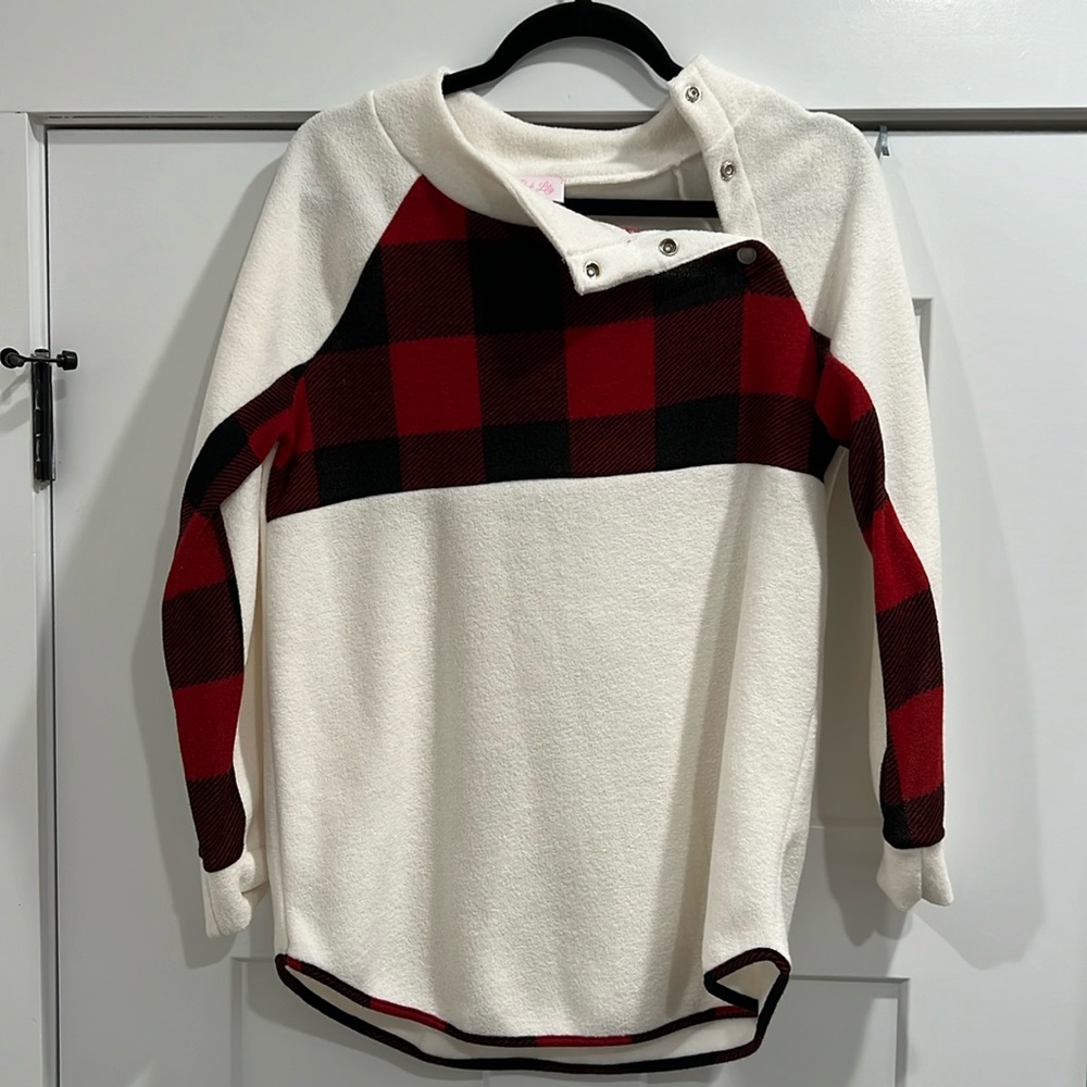 Pink Lily buffalo plaid and white sweater